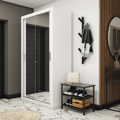 Chic Mirrored Sliding Wardrobe with Shelves in White - Organiser Dream (H2150mm x W1200mm x D600mm)