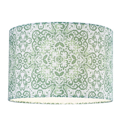 Chic Moroccan Kaleidoscope Design 12" Green Drum Shade with White Satin Inner