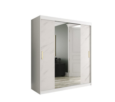 Chic White Geneva T1 Mirrored Sliding Door Wardrobe W1800mm H2000mm D620mm - Modern Design, Gold Handles, Extensive Storage