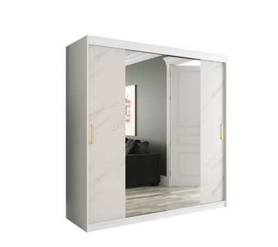 Chic White Geneva T1 Mirrored Sliding Door Wardrobe W2000mm H2000mm D620mm - Modern Design, Gold Handles, Extensive Storage