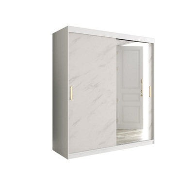 Chic White Geneva T2 Sliding Door Wardrobe W1800mm H2000mm D620mm - Modern Design, Mirrored Door, Gold Handles