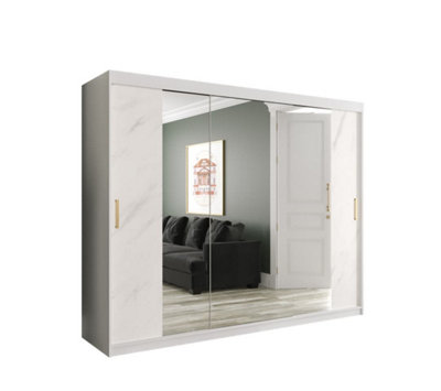 Chic White Geneva T2 Sliding Door Wardrobe W2500mm H2000mm D620mm - Modern Design, Mirrored Doors, Gold Handles