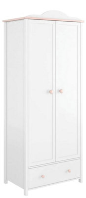 Chic White Matt & Pink Two-Door Wardrobe with Drawer and Hanging Rail (H)1960mm (W)850mm (D)520mm - Elegant Bedroom Storage