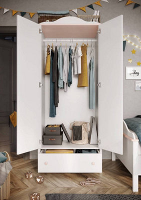 Chic White Matt & Pink Two-Door Wardrobe with Drawer and Hanging Rail (H)1960mm (W)850mm (D)520mm - Elegant Bedroom Storage