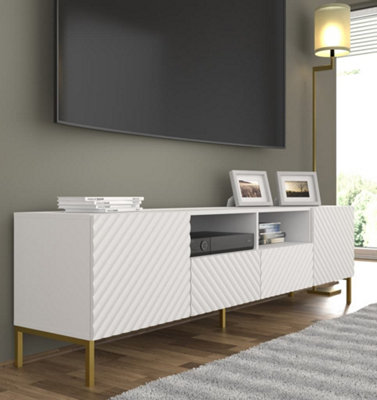Chic White Surf TV Cabinet with Gold Legs (W)200cm (H)56cm (D)42cm - Elegant & Functional