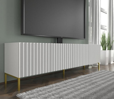 Chic White Wave TV Cabinet with Gold Legs W 200cm H 56cm D 42cm Sleek Handle Free