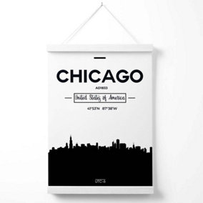 Chicago Black and White City Skyline Poster with Hanger / 33cm / White