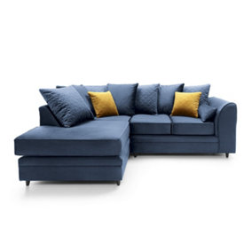 Chicago Velvet Left Facing Corner Sofa in Dark Blue