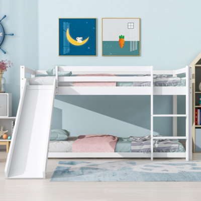 Children's Cabin Bunk Bed Frame with Adjustable Ladder and Slide(White, 190x90cm+200x90cm)