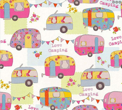 Children's Camper Van Caravan Wallpaper Pink White Bunting Floral AS Creation
