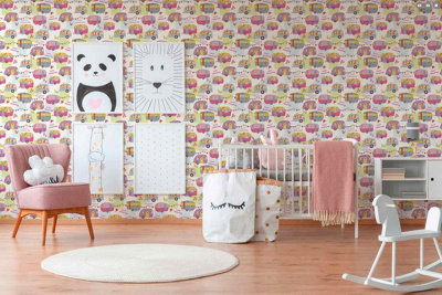 Children's Camper Van Caravan Wallpaper Pink White Bunting Floral AS ...
