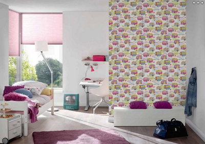 Children's Camper Van Caravan Wallpaper Pink White Bunting Floral AS ...