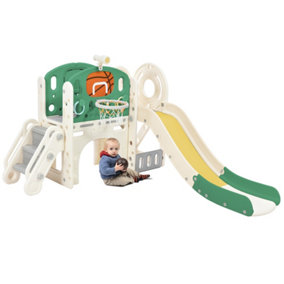 Children's Combination Slide with Long Slide, Storage Bins, Stairs, Basketball Hoop,Easy Assembly and Convenient Storage