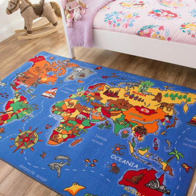 Children's Educational Blue World Map Play Mat Bedroom Rug 133x200cm