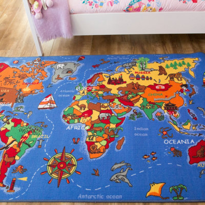 Children's Educational Blue World Map Play Mat Bedroom Rug 133x200cm