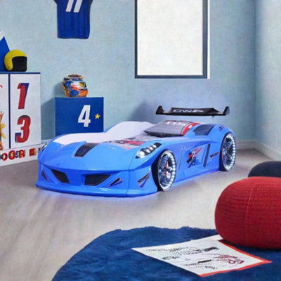 Children's Novelty Thunder Race Car bed BLUE with LED lights 3ft Single