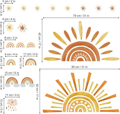 Children's Rainbow Sun Wall Stickers, Boho Star Wall Decals for Kids ...