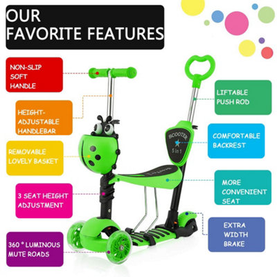 Children's Scooter with Removable Seat, Flashing LED Wheels, Height ...