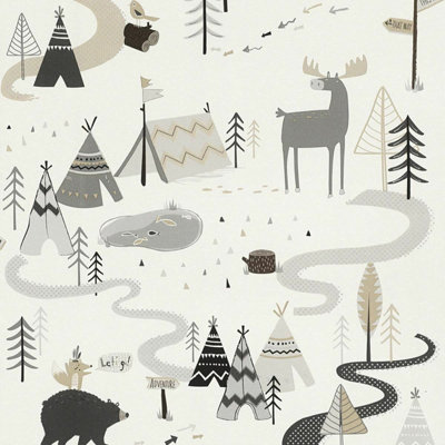 Childrens Grey Scandi Adventure Trail Forest Camping Nursery Bedroom ...