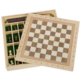 Childrens Wooden Chess Draughts 3 Game Compendium Toy Board Game Set