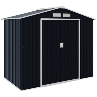 CHILLI 7 x 4ft Metal Garden Shed, Outdoor Storage with Ventilation Slots, Foundation Kit and Lockable Double Doors, Dark Grey