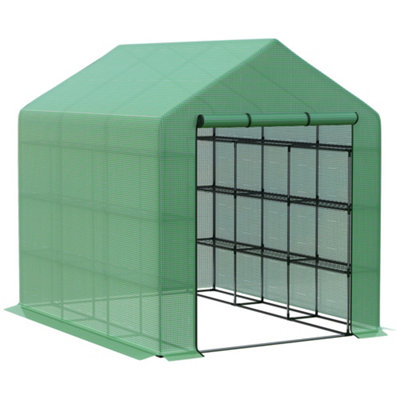 Chilli Walk-in Greenhouse with 4 Tier 24 Shelves, Portable Grow House with Roll-up Zipped Door, 244 x 180 x 210cm, Green