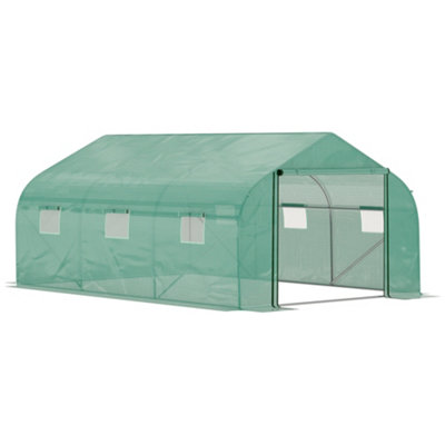 Chilli Walk-in Polytunnel Garden Greenhouse, Outdoor Mesh Door Greenhouse with PE Cover and 6 Windows, 4.5 x 3 x 2m, Green