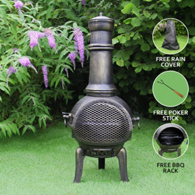 Chiminea Outdoor Garden Log Fire Pit Burner Wood Cast Iron Chimney Chimenea BBQ Frost Proof Spark Guard Rain Cover