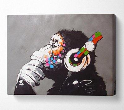 Chimp Headphones Thinking Canvas Print Wall Art - Medium 20 x 32 Inches