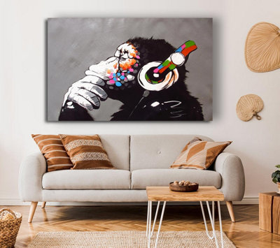Chimp Headphones Thinking Canvas Print Wall Art - Medium 20 x 32 Inches