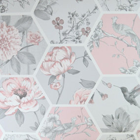 Chinoise Decoupage Wallpaper Pink Grey Bird Floral Geometric Smooth Matt Finish