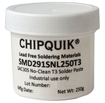 CHIP QUIK - No-Clean Lead-Free Solder Paste Jar, Sn96.5/Ag3/Cu0.5, T3 Mesh, 250g