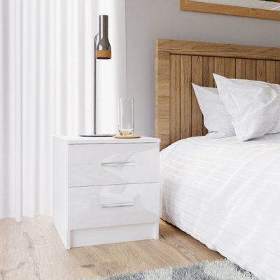 Chiswick Gloss White 2 Drawer Modern Bedside Table & Bedside Cabinet - (H) 46cm x (W) 45cm x (D) 35cm