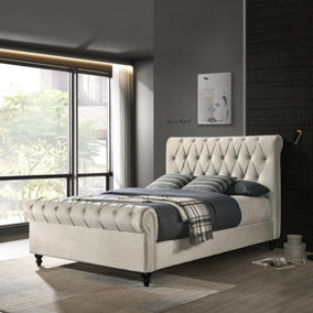 Chloe Double Bed - Cream - Velvet Upholstery Diamond Detailing Sleigh Bed Curved Footboard and Headboard