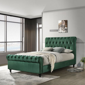 Chloe Double Bed - Green - Velvet Upholstery Diamond Detailing Sleigh Bed Curved Footboard and Headboard