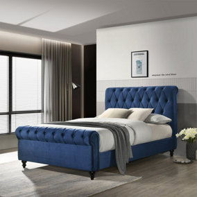 Chloe King Size Bed - Blue - Velvet Upholstery Diamond Detailing Sleigh Bed Curved Footboard and Headboard