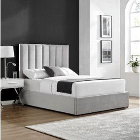 Chloe Light Grey Velvet Double 4FT 6 Fabric With Silver Chrome Trim And Ottoman Storage Gas Lift Bed