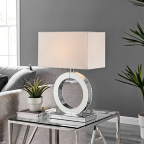 CHLOE Mirrored Halo Shaped Table Lamp Light and Chic White Fabric Shade Including A Rated Energy Efficient LED Bulb
