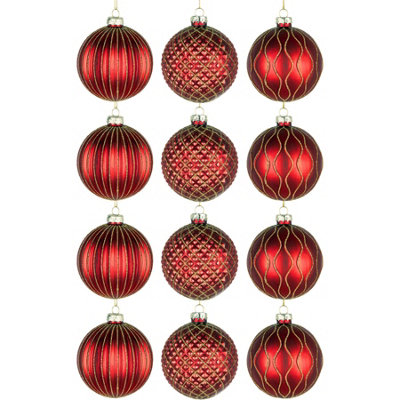 Christmas 8cm Red Glass Baubles Set - 12pcs Ornaments with 3 Assorted Designs for Tree Decorations