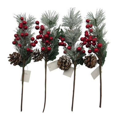 Christmas Artificial Snowy Yew Branch Decoration X4 (Festive Berries Plant Ornament Pine Cone)