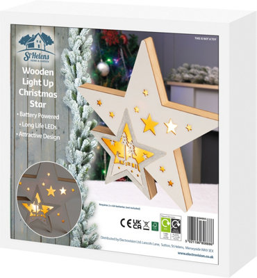 Christmas Battery Powered Light Up Wooden Christmas Star Ornament