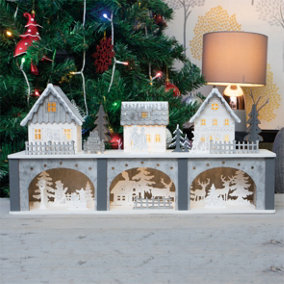 Christmas Battery Powered Wooden Light Up Festive Scene Ornament- Large