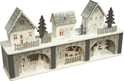 Christmas Battery Powered Wooden Light Up Festive Scene Ornament- Large