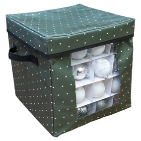 Christmas Bauble Storage Box - Festive Xmas Ornament & Decoration Container with Side Handles, Dividers, Lid & Viewing Window