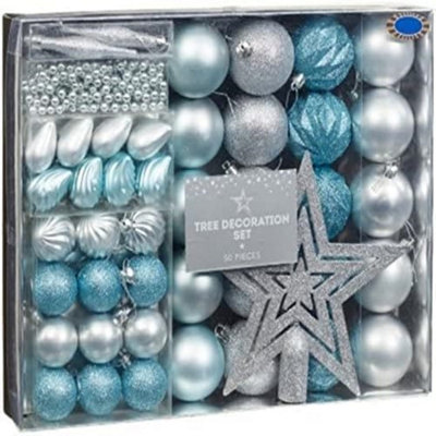 Christmas Baubles Tree Decoration Set 50Pc Ornaments Ice Blue & Silver