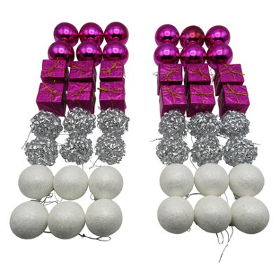 Christmas Baubles White Pink and Silver X48 (Xmas Tree Ornament Glitter Decoration)