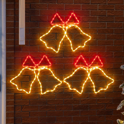 Christmas Bell Lights Flashing LED Rope Silhouette Wall Decoration Set Of 3