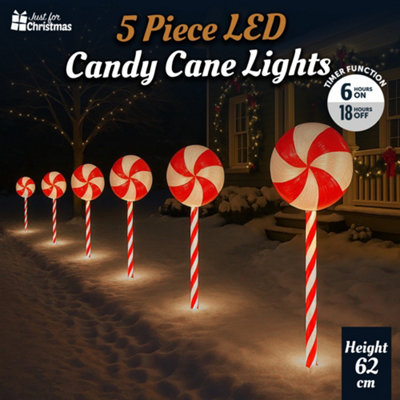 Christmas Candy Cane LED Lights 5 Piece Outdoor Battery Operated ...