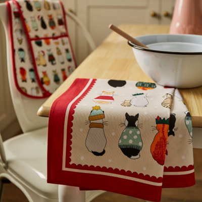Christmas Cats in Waiting Animal Print 100% Cotton Tea Towel