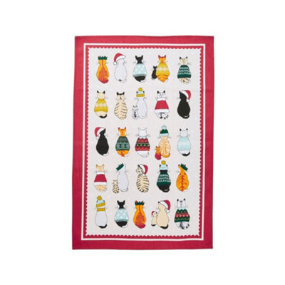 Christmas Cats in Waiting Animal Print 100% Cotton Tea Towel